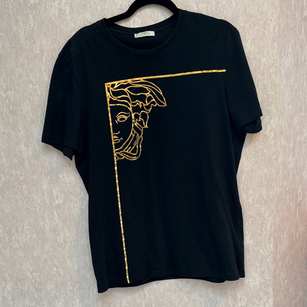 Versace Black Tee with Gold Medusa Design